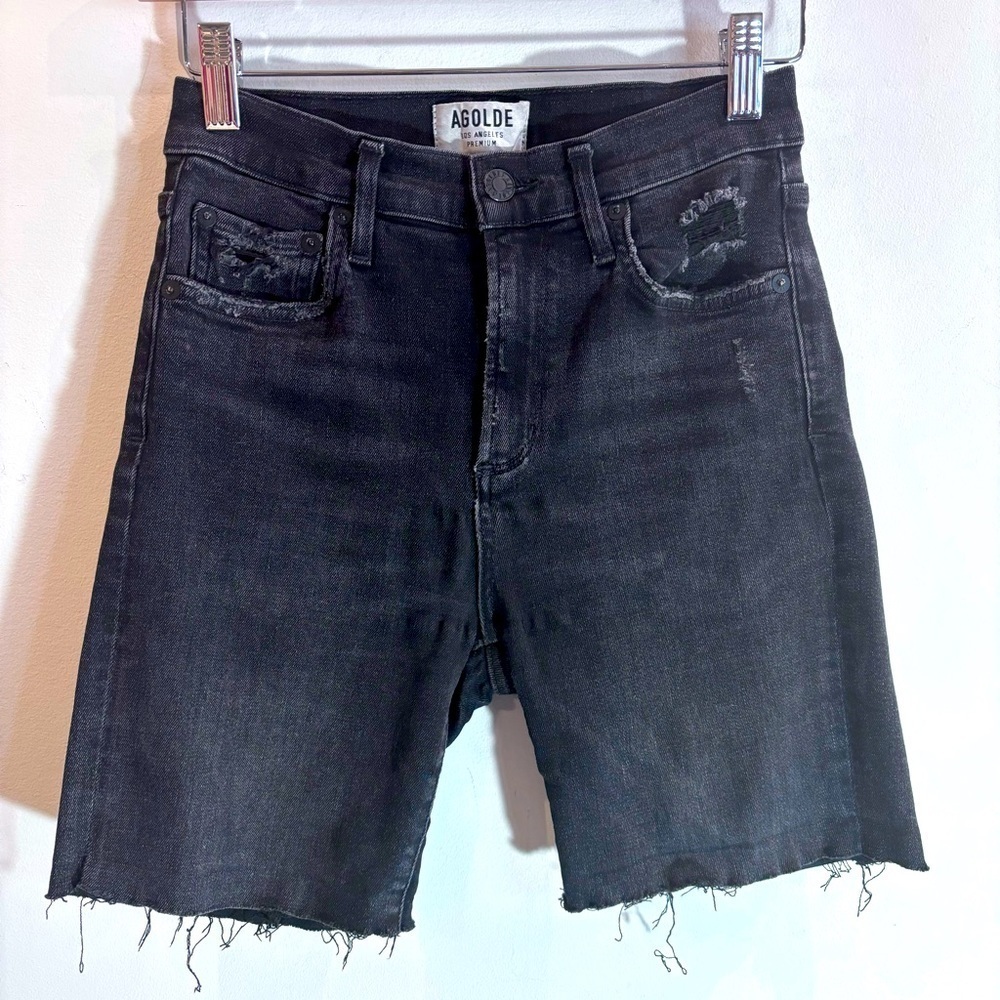 AGOLDE Sz 27 Jean Short Cut Off Jeans Washed Black Longer Length Raw Hem